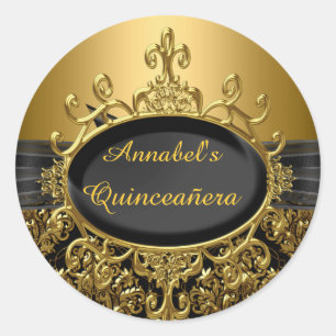 Adesivo de Quinceanera em Damasco Preto e Dourado 
