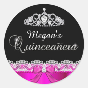 Adesivo de Quinceanera em Renda Rosa e Tiara
