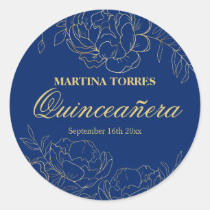 Adesivo de Quinceanera Floral Azul Real Dourado El