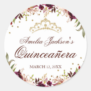Adesivo de Quinceanera Floral Dourado Burgundy Ele