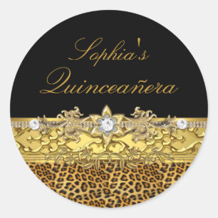 Adesivo de Quinceanera Leopardo Preto e Dourado