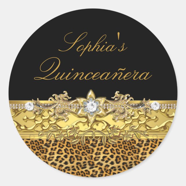 Adesivo de Quinceanera Leopardo Preto e Dourado (Frente)