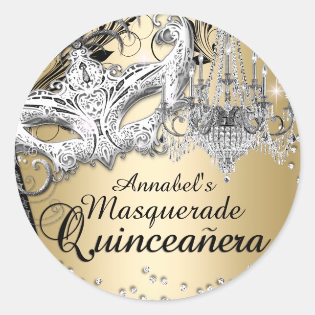 Adesivo de Quinceanera Máscara Dourada (Frente)