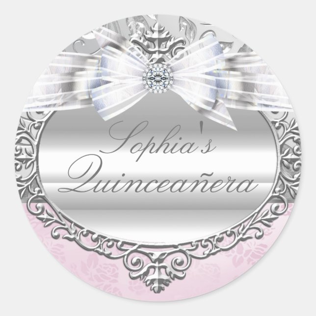 Adesivo de Quinceanera Rosa e Prata (Frente)
