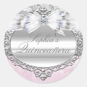 Adesivo de Quinceanera Rosa e Prata
