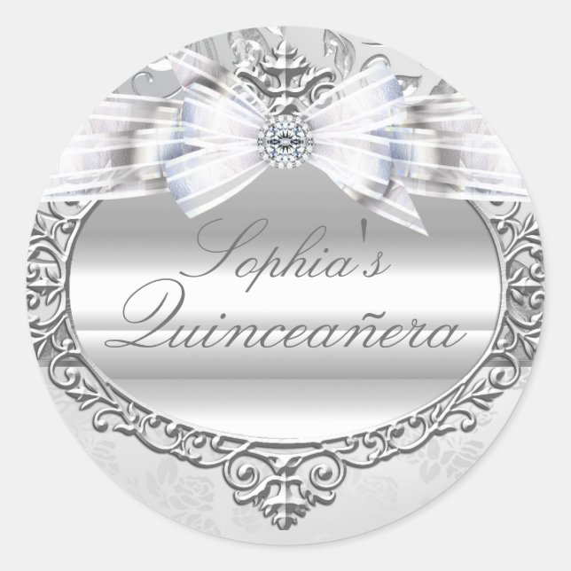 Adesivo de Quinceanera Rosa Prata & Laço (Frente)