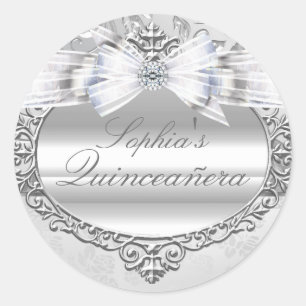 Adesivo de Quinceanera Rosa Prata & Laço