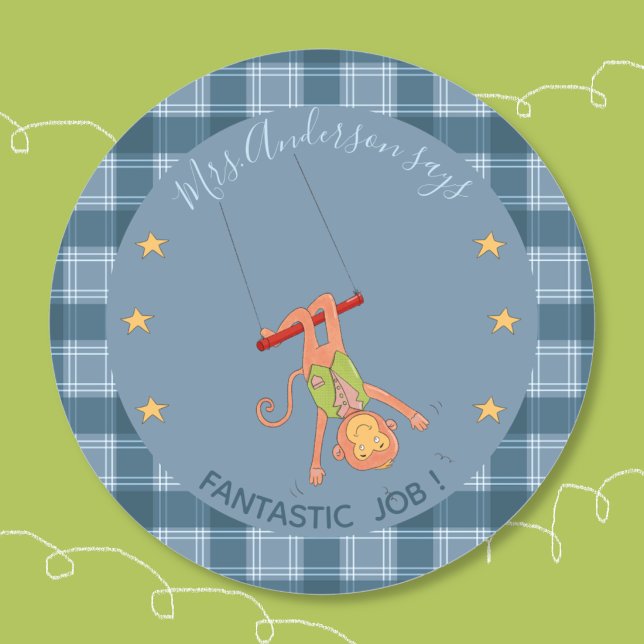 Adesivo de Recompensa do Macaco de Circo Estudante (Circus acrobat monkey student blue reward sticker .)