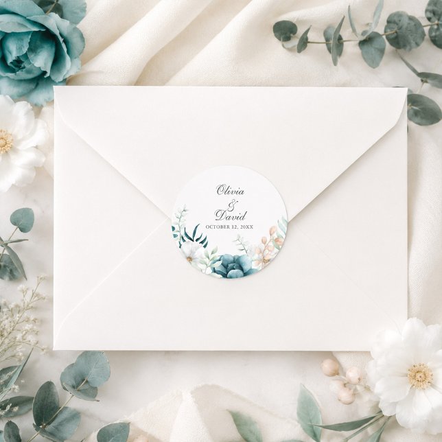 Adesivo de Selagem de Envelope Botânico Turquesa p (Teal Botanical Wedding Envelope Seal Sticker)