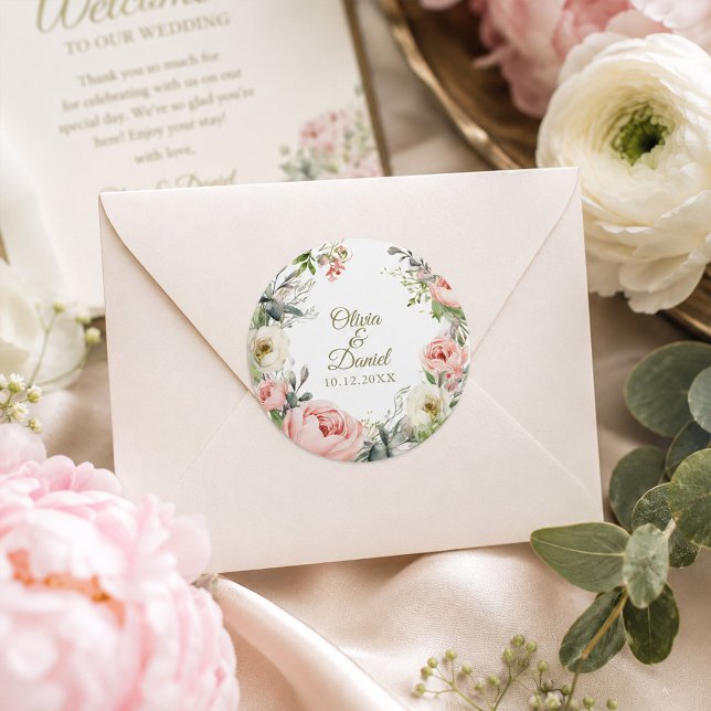 Adesivo de Selagem de Envelope de Noiva com Peônia (Blush & Ivory Peony Wedding Envelope Seal Sticker)