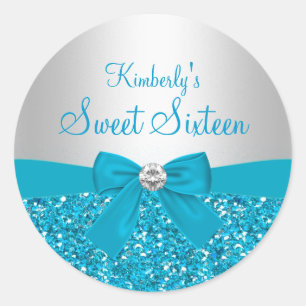 Adesivo de Sweet Sixteen com Laço de Brilho Azul