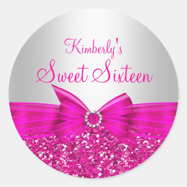 Adesivo de Sweet Sixteen com Purpurina Rosa e Laço (Frente)