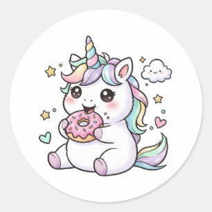 Adesivo de Unicórnio Kawaii Fofo Comendo Donut