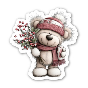 Adesivo de Urso de Pelúcia de Natal Cena de Inve