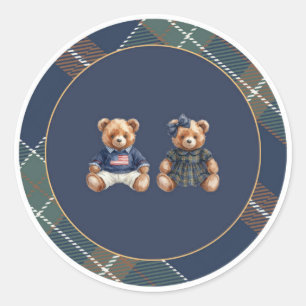 Adesivo de Urso Teddy Preppy Xadrez Azul-Marinho