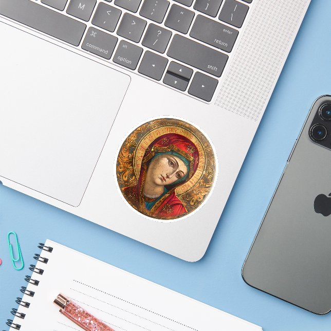 Adesivo de Vinil Cristão Religioso Virgem Maria (Notebook com iPhone)