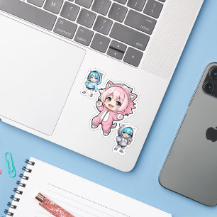 Adesivo de Vinil de Garota Anime Chibi Fofa com Ca