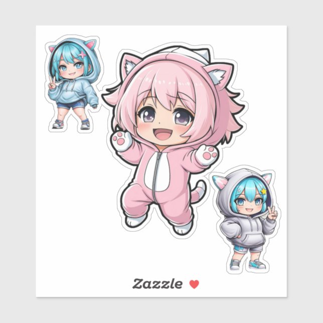 Adesivo de Vinil de Garota de Anime Chibi Fofa com (Folha)