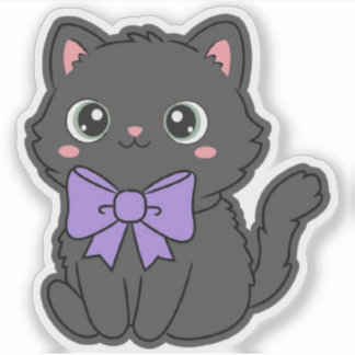 Adesivo de Vinil Gato Fofo Kawaii com Laço Roxo Gr