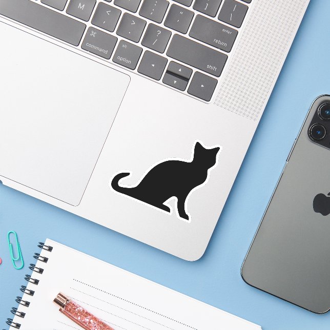 Adesivo de vinil silhueta de gato preto (Notebook com iPhone)