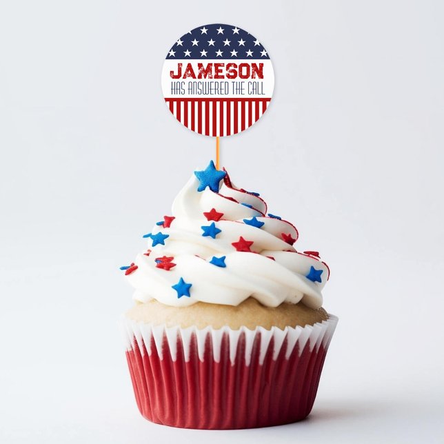 Adesivo Decoração de Bolo para Festa de Despedida Militar (Personalized name US flag patriotic military going away farewell party cupcake picks round stickers)