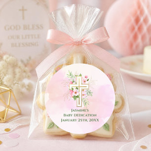 Adesivo Dedicação de Bebê com Cruz Floral em Aquarela Rosa