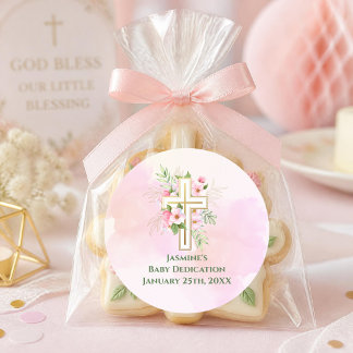 Adesivo Dedicação de Bebê com Cruz Floral em Aquarela Rosa