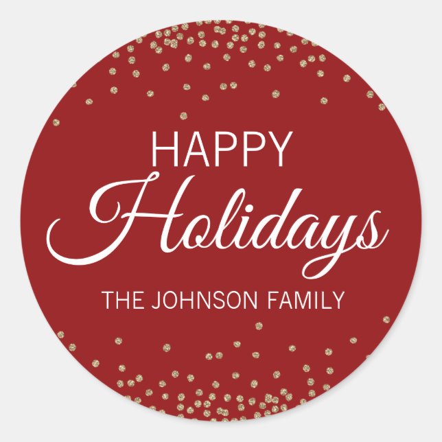 Adesivo Deep RED Dourado Glitter Confetti Feliz HOLIDAYS (Frente)