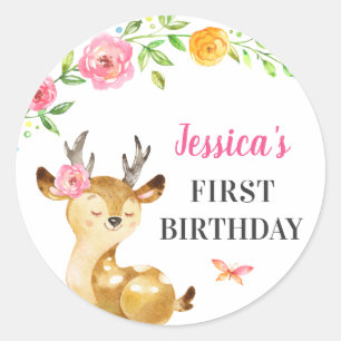 Adesivo Deer Baby Girl First Birthday Doe Guest Favor Rosa