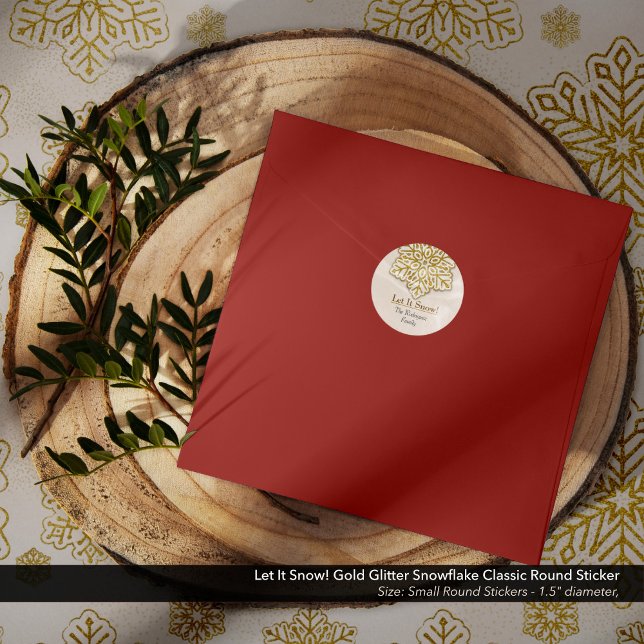 Adesivo Deixe-O Neve! Floco de neve Dourado (Let It Snow! Gold Glitter Snowflake Classic Round Sticker)