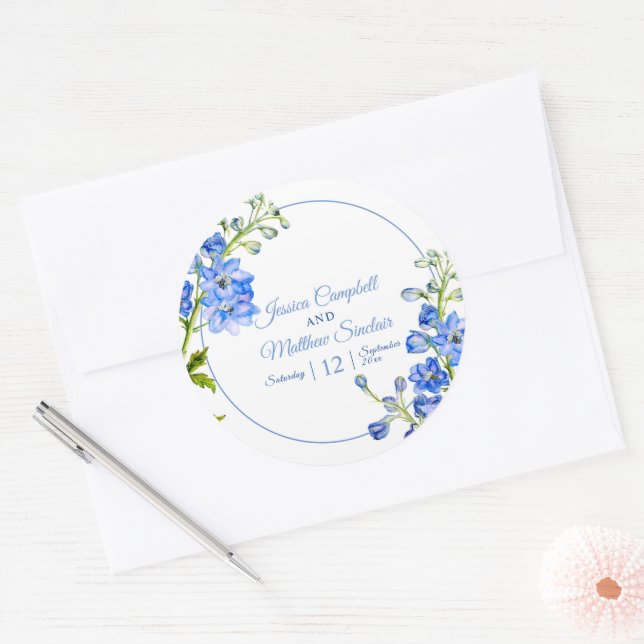 Adesivo Delphinium floresce azul aquarela casamento (Envelope)