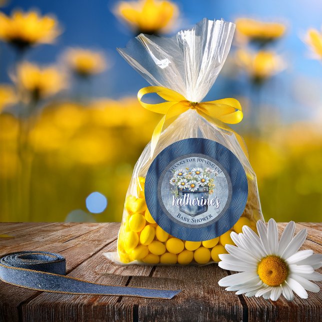 Adesivo Denim Blue Jean | Daisies Floral Chá de fraldas (Blue Jean Pocket Denim and Daisies Baby Shower Favor Classic Round Sticker)