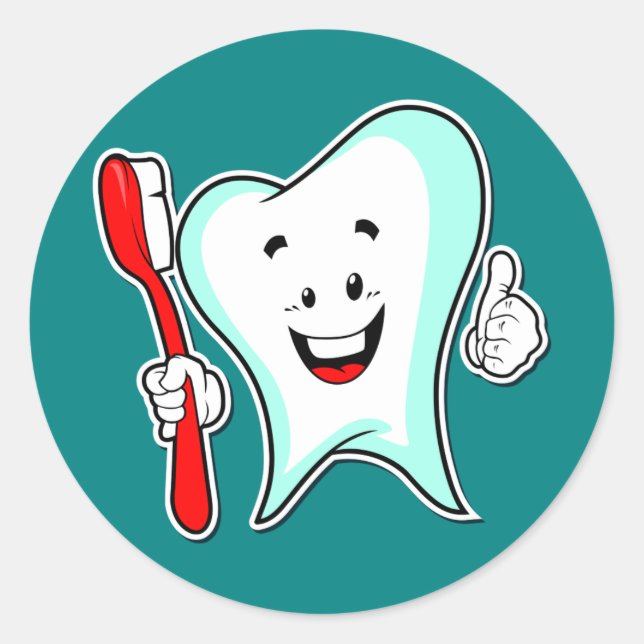 Adesivo Dente de desenho animado feliz com escova de dente (Frente)