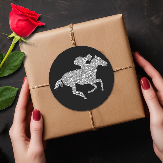 Adesivo Derby Silver Racecavalo a Preto (Silver glitter racehorse Derby black round stickers)