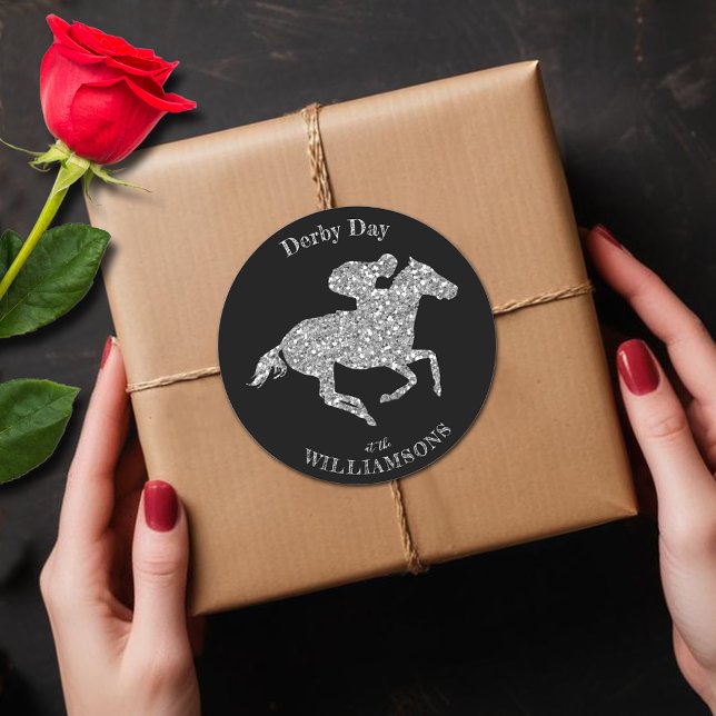 Adesivo Derby Silver Racecavalo a Preto (Silver faux glitter racehorse  Derby round black stickers)