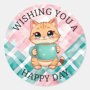 Adesivo Desejando um Feliz Dia   Gato Fofo
