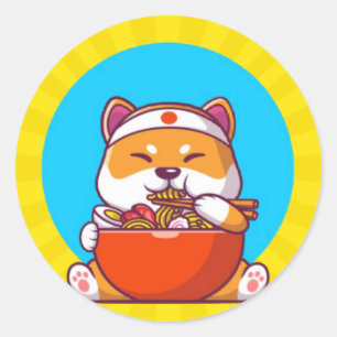 Adesivo Desenho Animado de Shiba Inu Fofo Comendo Macarrão