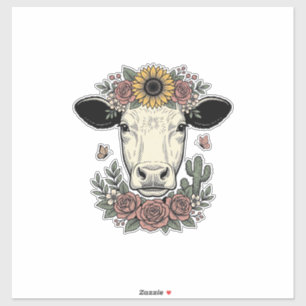 Adesivo Desenho de Gravura Vintage Cabeça de Vaca Floral_1
