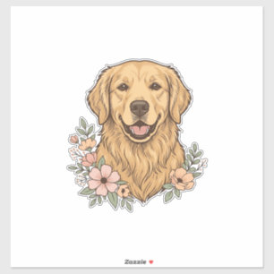 Adesivo Desenho de Gravura Vintage Floral Golden Retriever