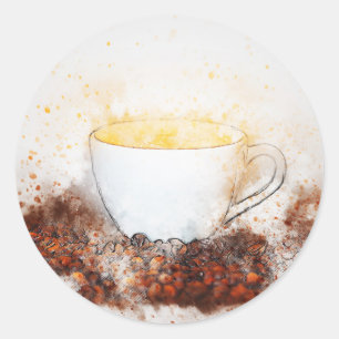 Adesivo Desenho de uma taça quente de café entre grãos de