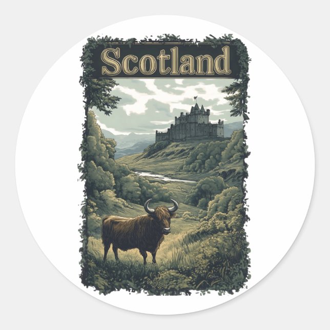 Adesivo Design da Escócia: Highland Cow, Castle e Scenery (Frente)