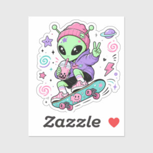Adesivo Design de Bubble Tea com Alien Skater Kawaii