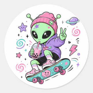 Adesivo Design de Chá de Bolha de Alien Skater Kawaii