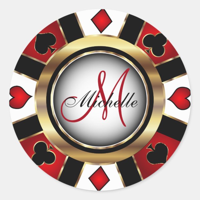 Adesivo Design de Chip Poker do Casino Vermelho Monograma (Frente)