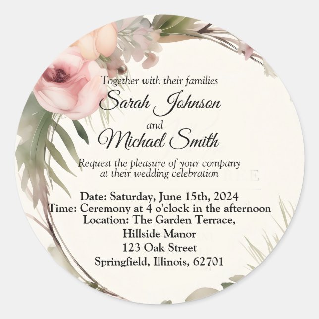 Adesivo Design de convite de casamento floral, romântico (Frente)