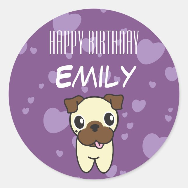 Adesivo Design de Coração Púrpura Super-Cute Pug (Frente)