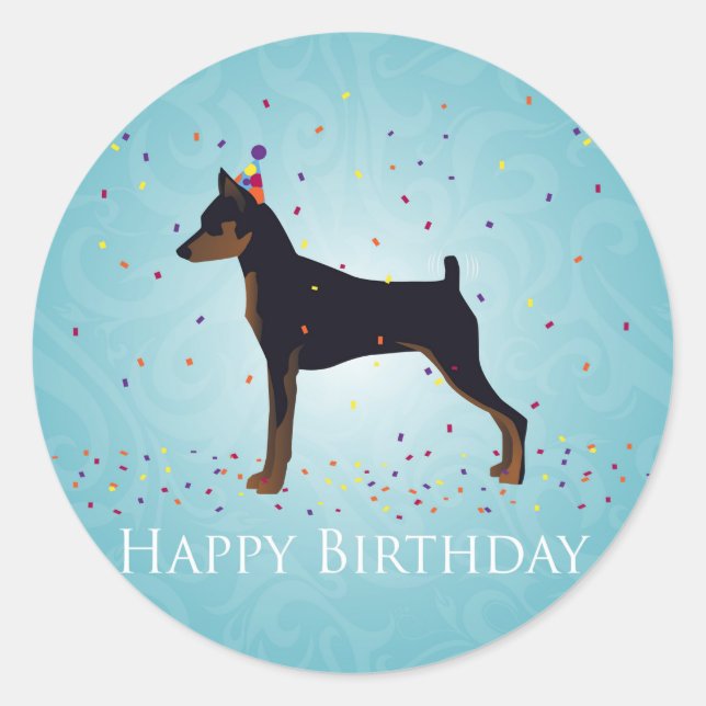 Adesivo Design de Feliz Aniversário de Miniatura Pinscher (Frente)
