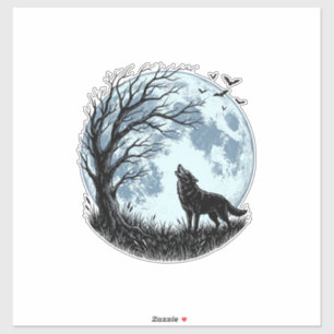 Adesivo Design Silhueta da Árvore da Lua Uivando Lobo Vint