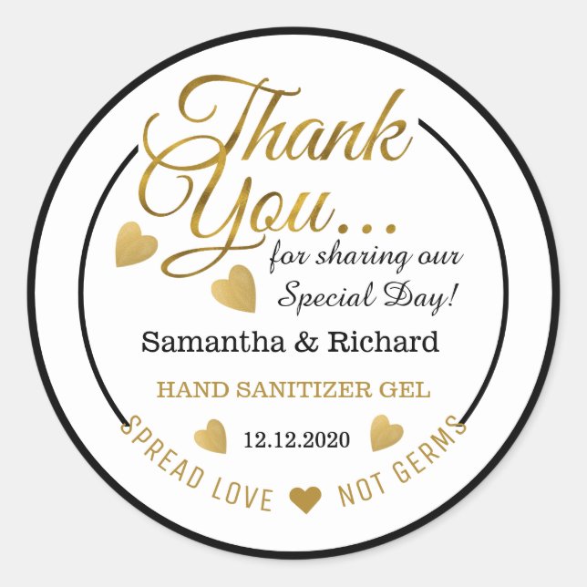 Adesivo Desinfetante para as mãos Espalhe Amor Ouro Obriga (Frente)