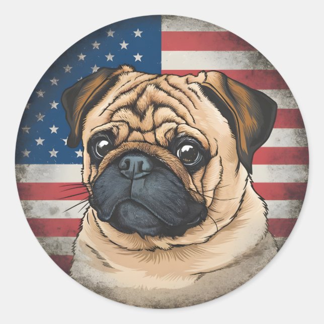 Adesivo Dia da Independência, 4 de julho, "Pug Sticker" Pa (Frente)